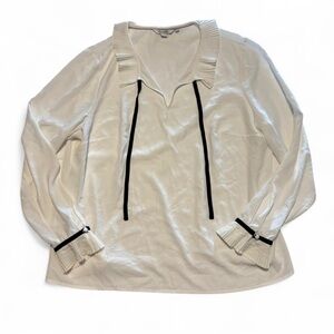 Boden Women's 14 Long Sleeve Ruffle Collar Blouse V Neck Tie White